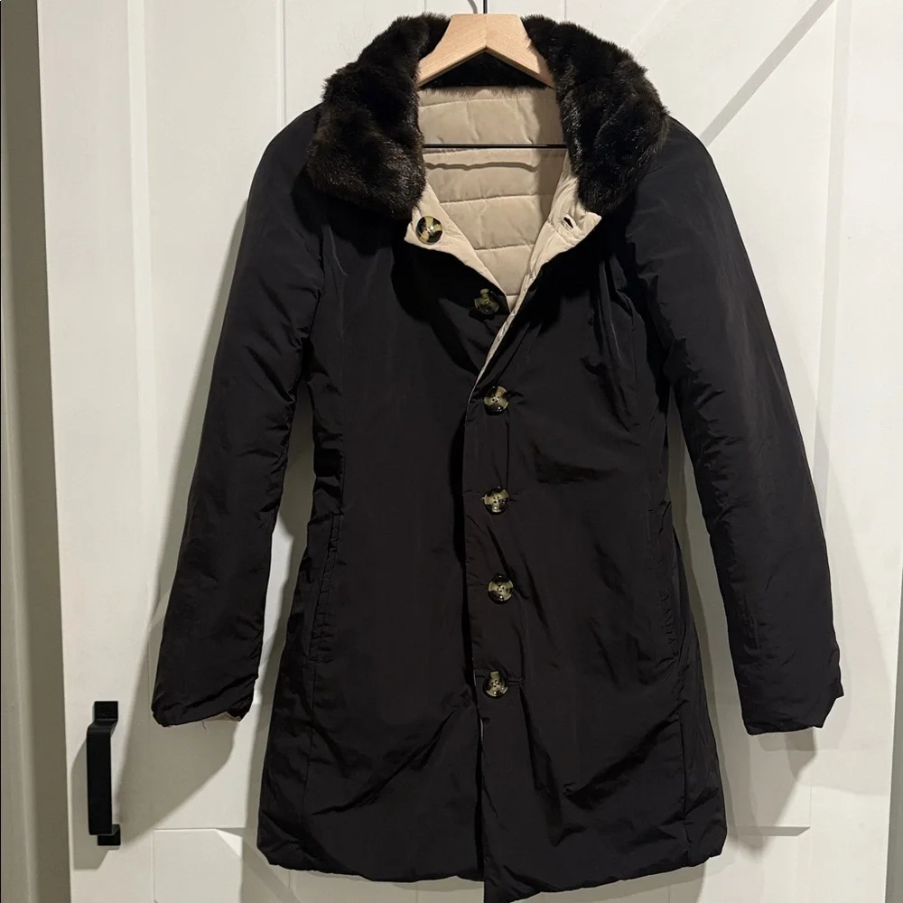 Armani Jeans Reversible Tan Quilted Puffer with Faux Fur Collar - Picture 7 of 8